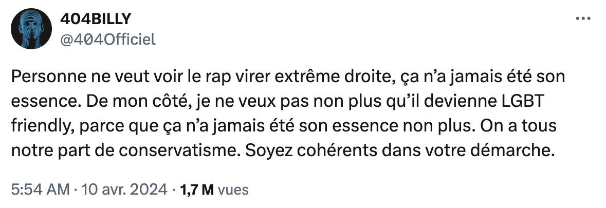 Récents propos polémiques tenus sur X par le rappeur français 404Billy.