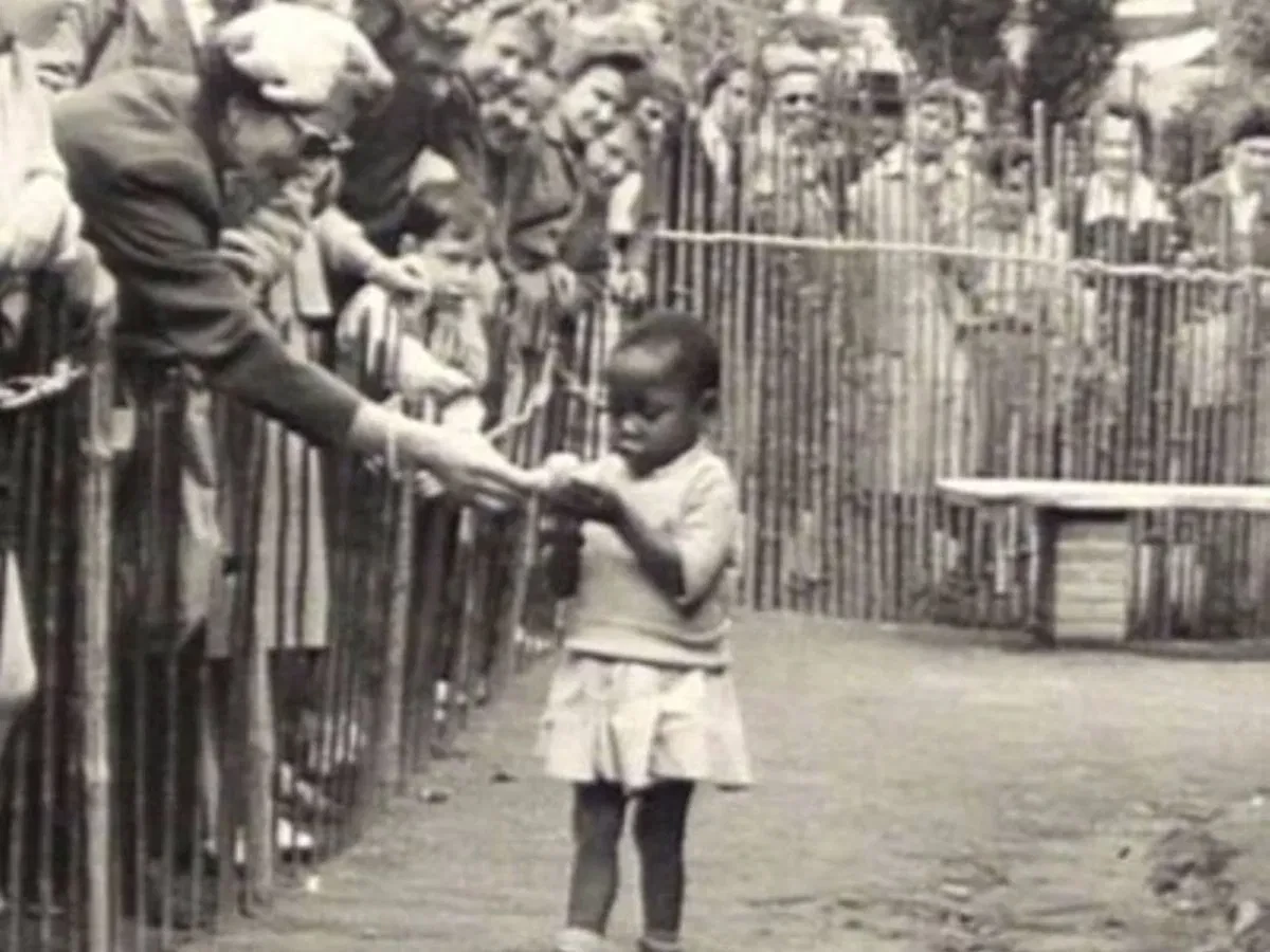 Exposition universelle bruxelloise de 1958. Des personnes noires pouvaient être touchées et photographiées par la foule dans des enclos reconstituant des villages coloniaux.