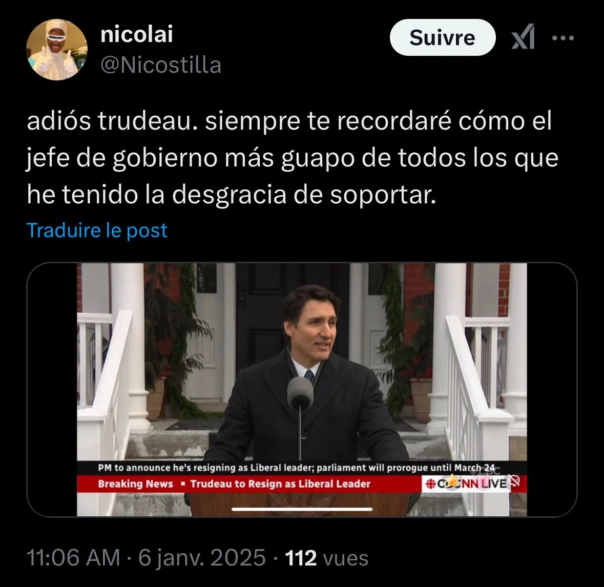 <strong>(Trad : « Au revoir Trudeau. Je me souviendrai toujours de vous comme du plus beau chef de gouvernement de tous ceux que j’ai eu le malheur de supporter. »)</strong>