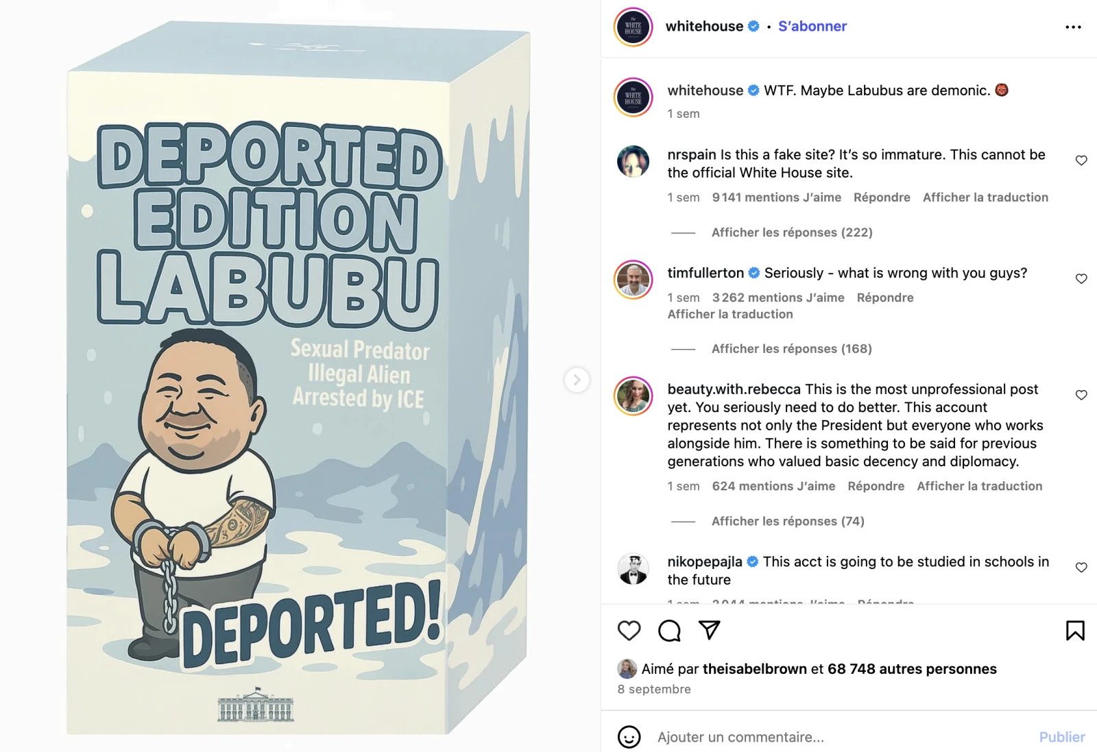 Une publication tirée du compte Instagram officiel de la Maison-Blanche. (8 septembre 2025)